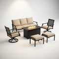 Outdoor Fire Pit Patio Set Built for Year-Round Entertaining, 7-Seat Configuration, Steel Frame, Beige Cushions