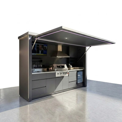 Outdoor Kitchen Pod Built for Year-Round Entertaining, Moisture Resistant Steel, Modular Design, Sheltered BBQ
