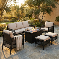 Black Metal Meshed 7 Seat 6-Piece Steel Outdoor Fire Pit Patio Set with Beige Cushions, Black Rectangular Fire Pit Table — Studio Shot