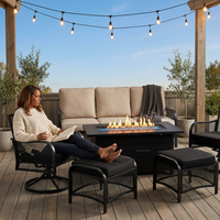 Black Metal Meshed 7 Seat 6-Piece Steel Outdoor Fire Pit Patio Set with Beige Cushions, Black Rectangular Fire Pit Table — Lifestyle