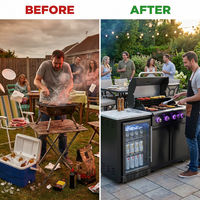 Premium 70" Black Stainless Steel Outdoor Kitchen Island with Refrigerator + 32"W 4-Burner BBQ Grill with Rear Burner — Before & After