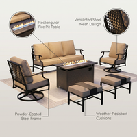 Black Metal Meshed 7 Seat 6-Piece Steel Outdoor Fire Pit Patio Set with Beige Cushions, Black Rectangular Fire Pit Table — infographic