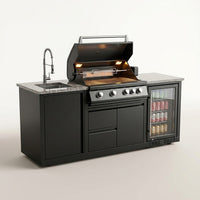 Outdoor Kitchen Island Built for Premium Entertaining, 72000 BTU 4-Burner Grill, Wine Cooler, Granite Countertops — Studio Shot