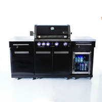 Premium 70" Black Stainless Steel Outdoor Kitchen Island with Refrigerator + 32"W 4-Burner BBQ Grill with Rear Burner — Studio Shot