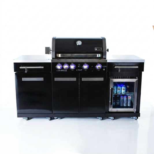 Premium 70" Black Stainless Steel Outdoor Kitchen Island with Refrigerator + 32"W 4-Burner BBQ Grill with Rear Burner — Studio Shot
