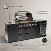 Outdoor Kitchen Island Built for Premium Entertaining, 72000 BTU 4-Burner Grill, Wine Cooler, Granite Countertops — infographic