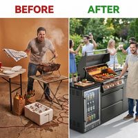 Outdoor Kitchen Island Black Stainless Steel with Sink & 46-Inch 4-Burner 72000 BTU Grill, Wine Cooler, Refrigerator, Rotisserie Kit & Granite Countertops — Before & After