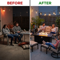 Black Metal Meshed 7 Seat 6-Piece Steel Outdoor Fire Pit Patio Set with Beige Cushions, Black Rectangular Fire Pit Table — Before & After