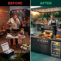 Outdoor Kitchen Island Built for Premium Entertaining, 72000 BTU 4-Burner Grill, Wine Cooler, Granite Countertops — Before & After