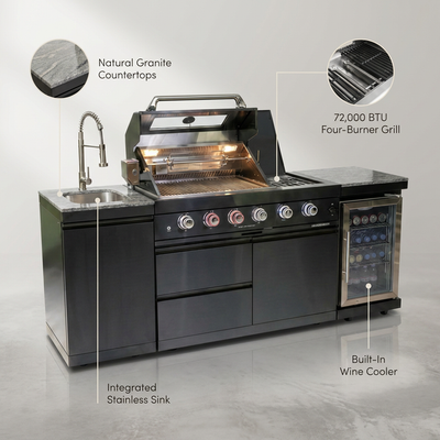 Outdoor Kitchen Island Built for Premium Entertaining, 72000 BTU 4-Burner Grill, Wine Cooler, Granite Countertops