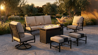 Black Metal Meshed 7 Seat 6-Piece Steel Outdoor Fire Pit Patio Set with Beige Cushions, Black Rectangular Fire Pit Table — Lifestyle