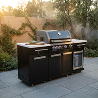 Premium 70" Black Stainless Steel Outdoor Kitchen Island with Refrigerator + 32"W 4-Burner BBQ Grill with Rear Burner — Studio Shot