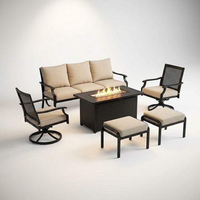 Black Metal Meshed 7 Seat 6-Piece Steel Outdoor Fire Pit Patio Set with Beige Cushions, Black Rectangular Fire Pit Table — Studio Shot