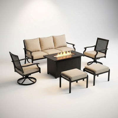 Outdoor Fire Pit Patio Set Built for Year-Round Entertaining, 7-Seat Configuration, Steel Frame, Beige Cushions