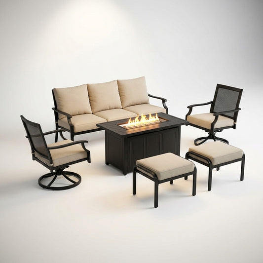 Black Metal Meshed 7 Seat 6-Piece Steel Outdoor Fire Pit Patio Set with Beige Cushions, Black Rectangular Fire Pit Table — Studio Shot
