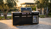 Premium 70" Black Stainless Steel Outdoor Kitchen Island with Refrigerator + 32"W 4-Burner BBQ Grill with Rear Burner — Lifestyle