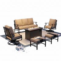 Outdoor Fire Pit Patio Set Built for Year-Round Entertaining, 7-Seat Configuration, Steel Frame, Beige Cushions