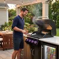 Premium 70" Black Stainless Steel Outdoor Kitchen Island with Refrigerator + 32"W 4-Burner BBQ Grill with Rear Burner — Lifestyle