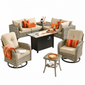 9 Pieces Patio Furniture Set All Weather Wicker Outdoor Conversation Set with 42" Fire Pit outside Furniture Patio Sofa with Swivel Chairs & Solar Table, Beige